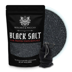 Witches & Wiccan front jar view showing protective black salt and clear labeling benefit clarity