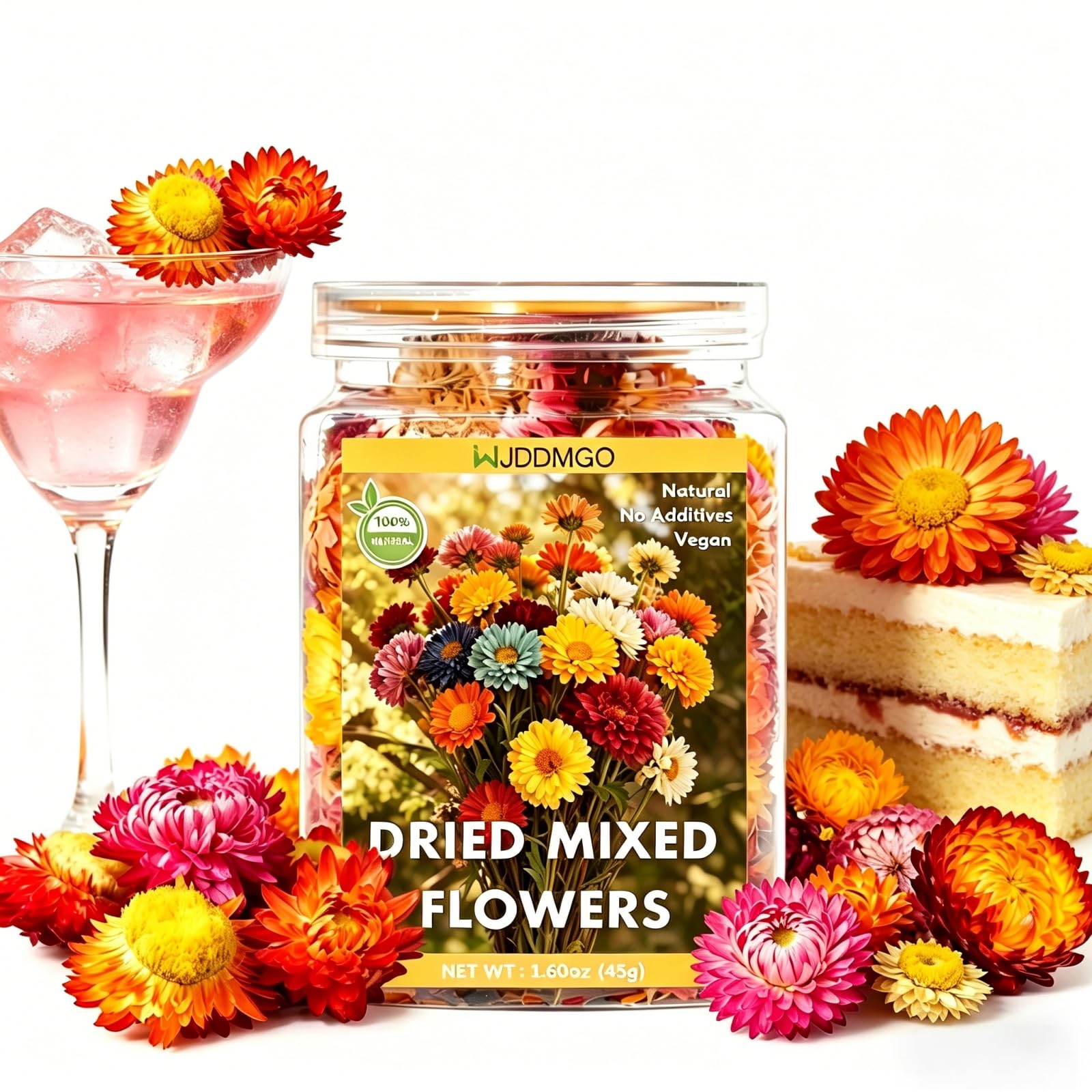 WJDDMGO jar front view showing colorful strawflowers and resealable lid for tidy storage
