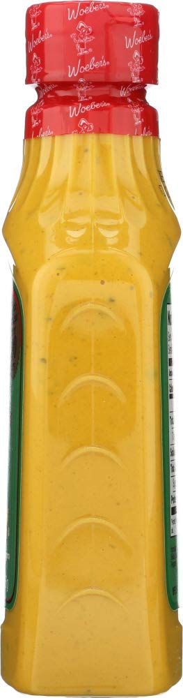 Woeber's 16 oz bottle next to sandwich to show size and convenience