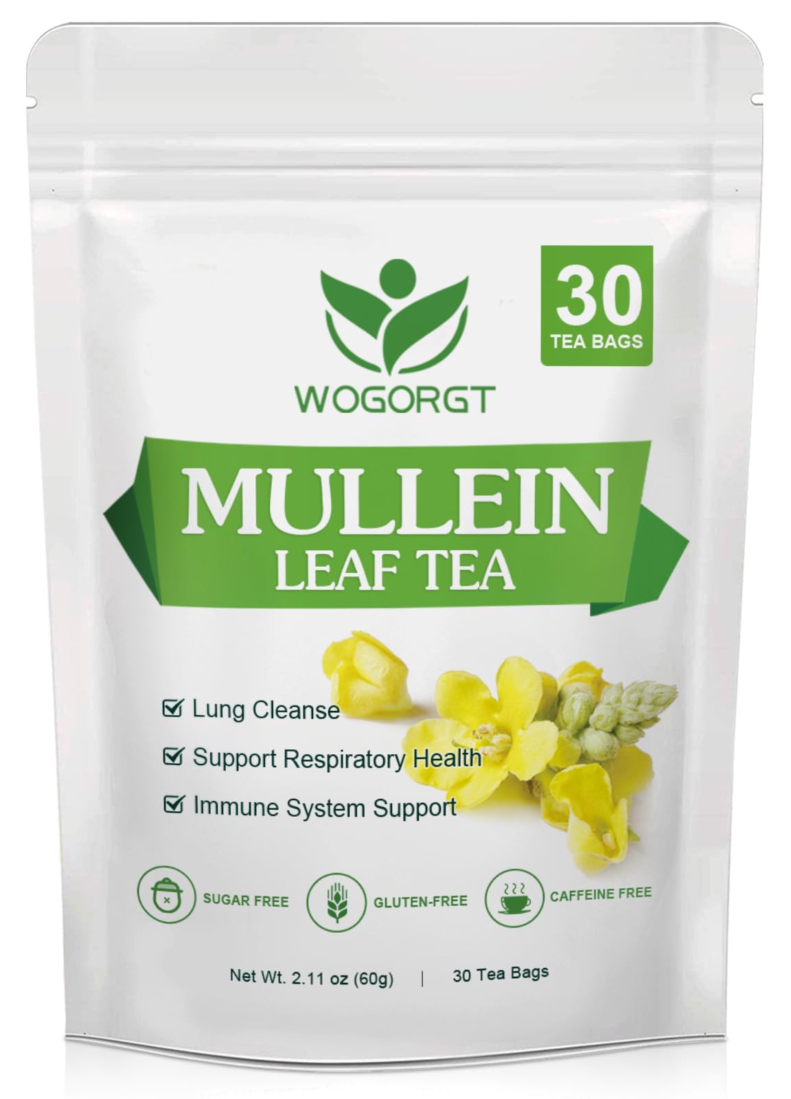 WOGORGT front packaging showing 30 mullein tea bags and clear branding benefit convenience