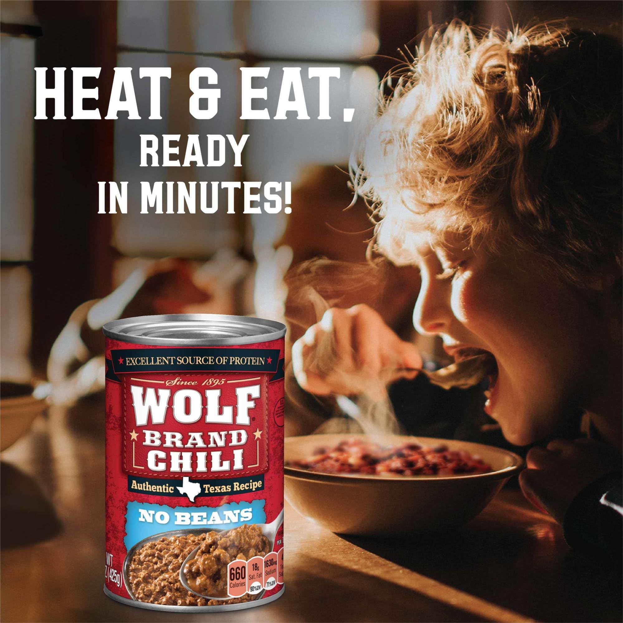 Wolf Brand Chili in bowl garnished for a ready-to-eat meal