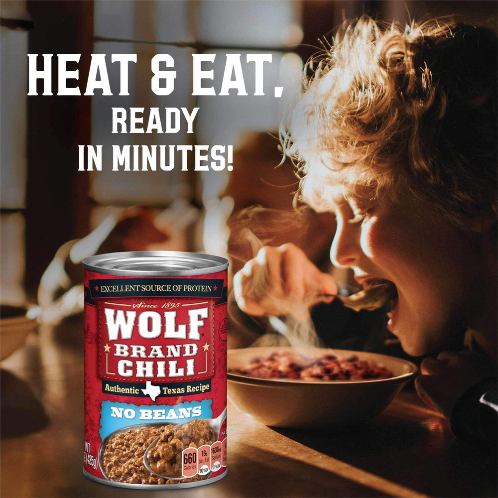 Wolf Brand Chili in bowl garnished for a ready-to-eat meal