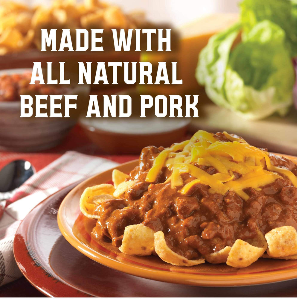 Wolf Brand Chili texture close-up showing hearty meat and sauce