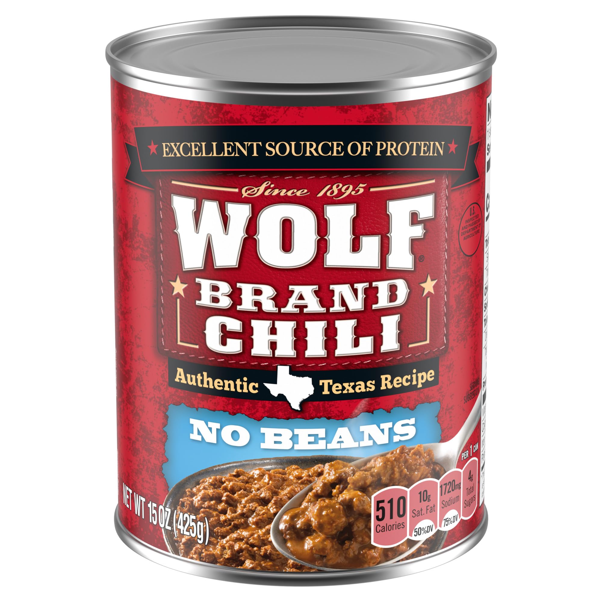 Wolf Brand Chili front can showing label and pack benefit