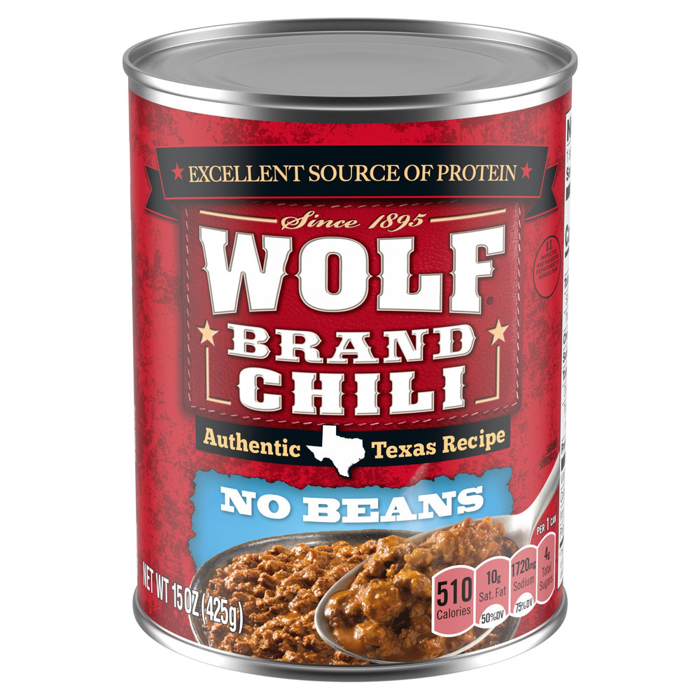 Wolf Brand Chili front can showing label and pack benefit