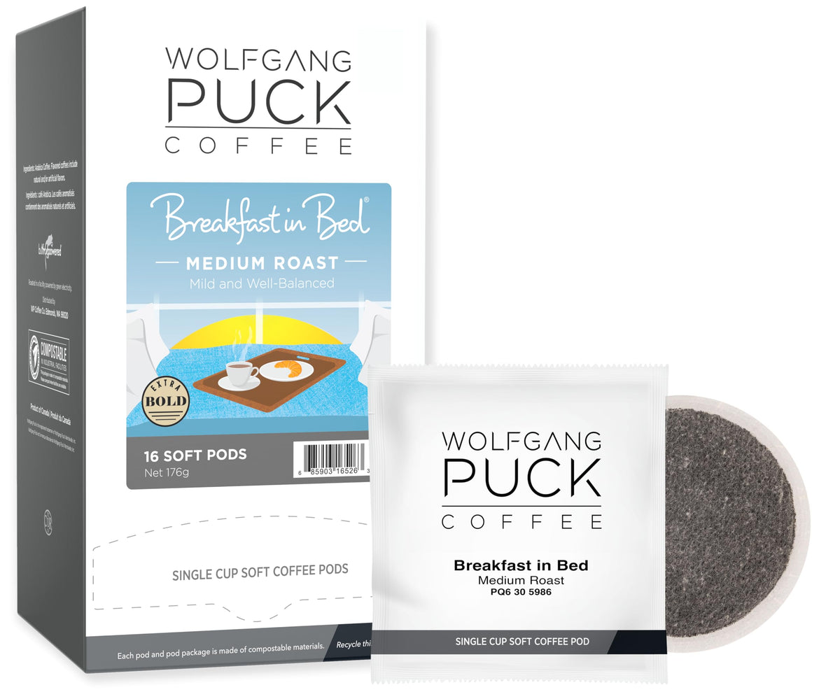 Wolfgang Puck front packaging showing 16-count pods and clear branding for convenience