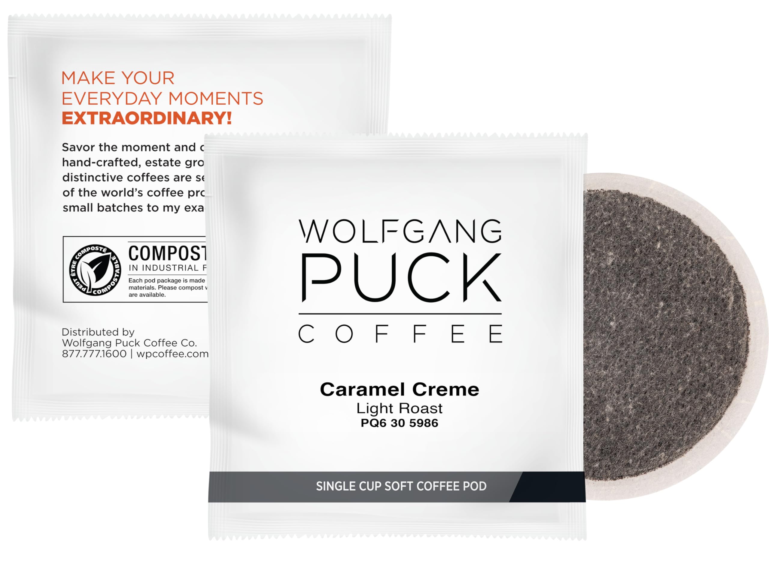 wolfgang puck brewed cup in a kitchen setting highlighting creamy caramel flavor