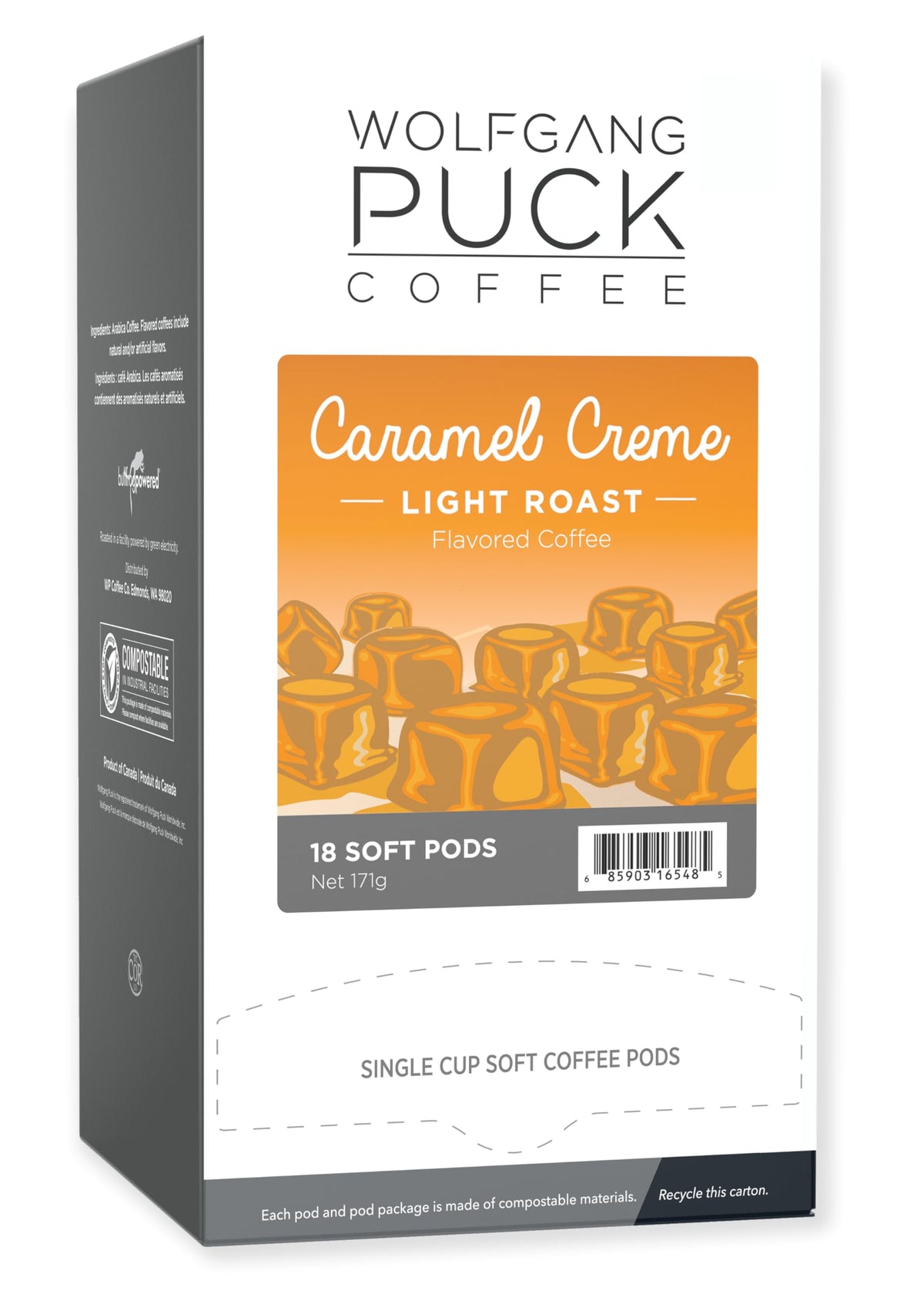 wolfgang puck front packaging showing caramel cream pods and product benefits
