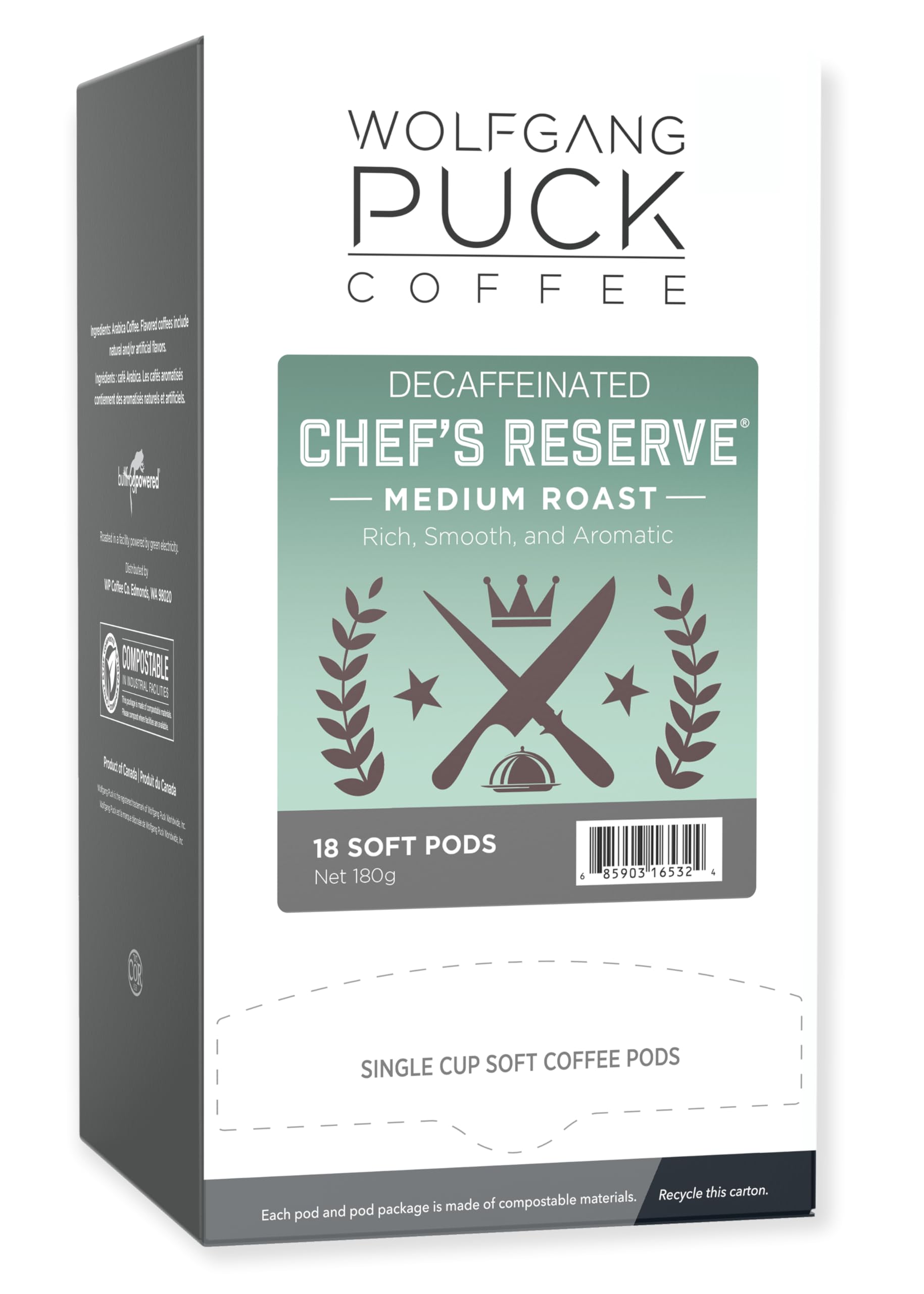 Wolfgang Puck front packaging showing decaf pods and compostable benefit