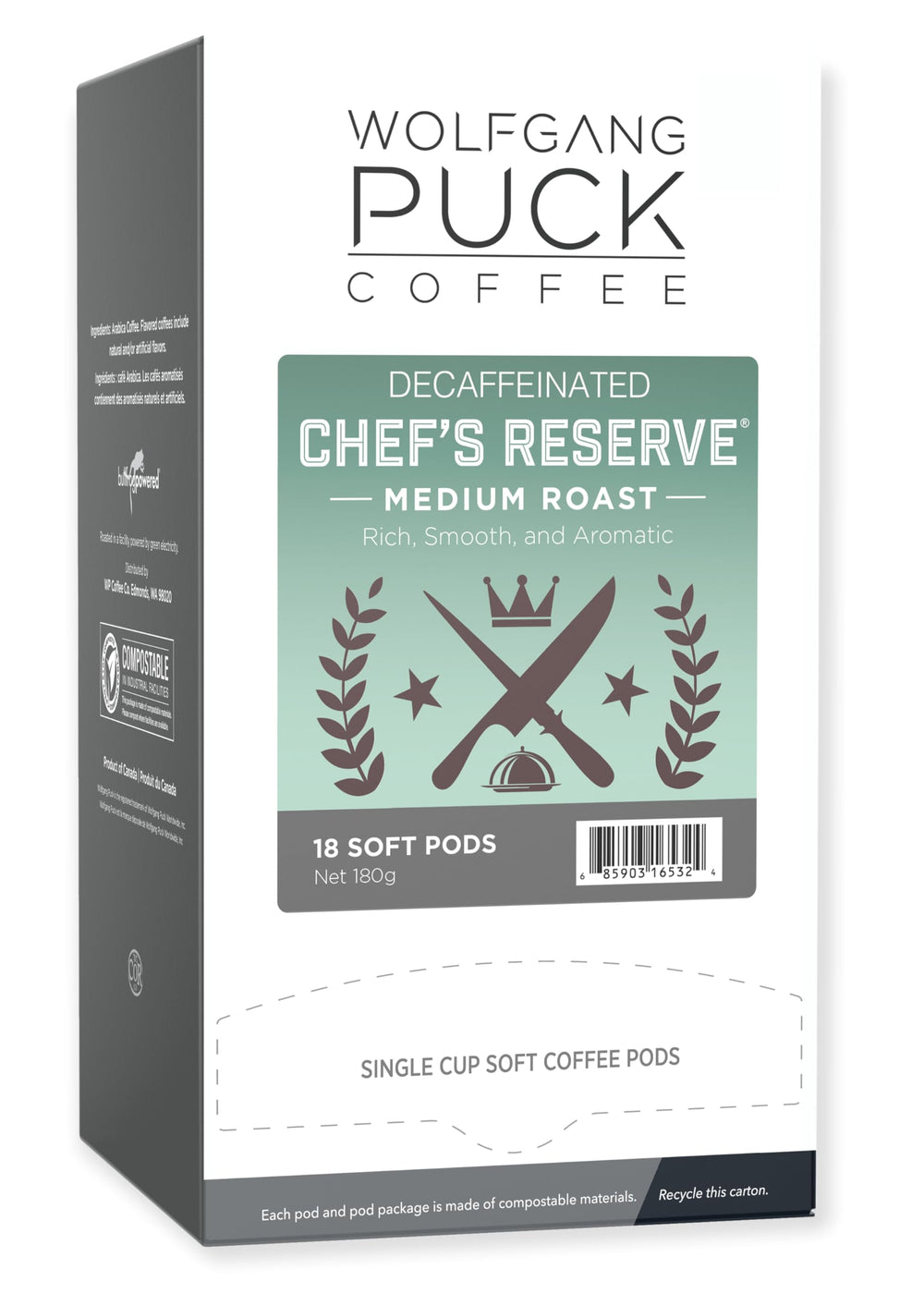 Wolfgang Puck front packaging showing decaf pods and compostable benefit
