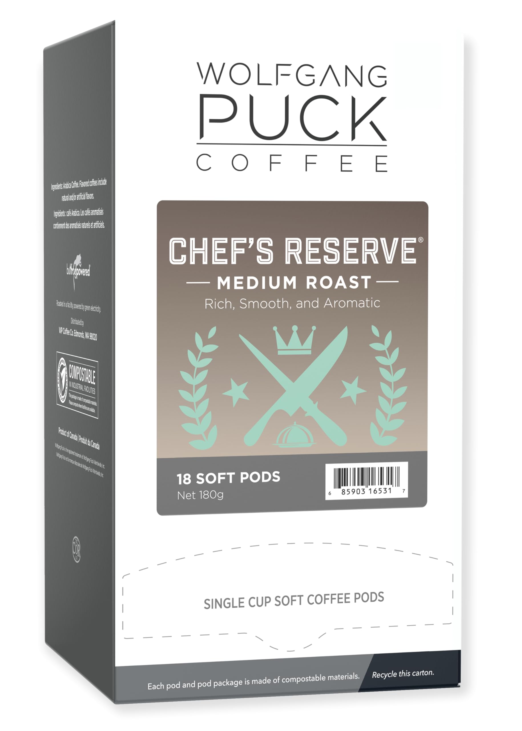 Wolfgang Puck Chef's Reserve front packaging showing 18-count and compostable benefit