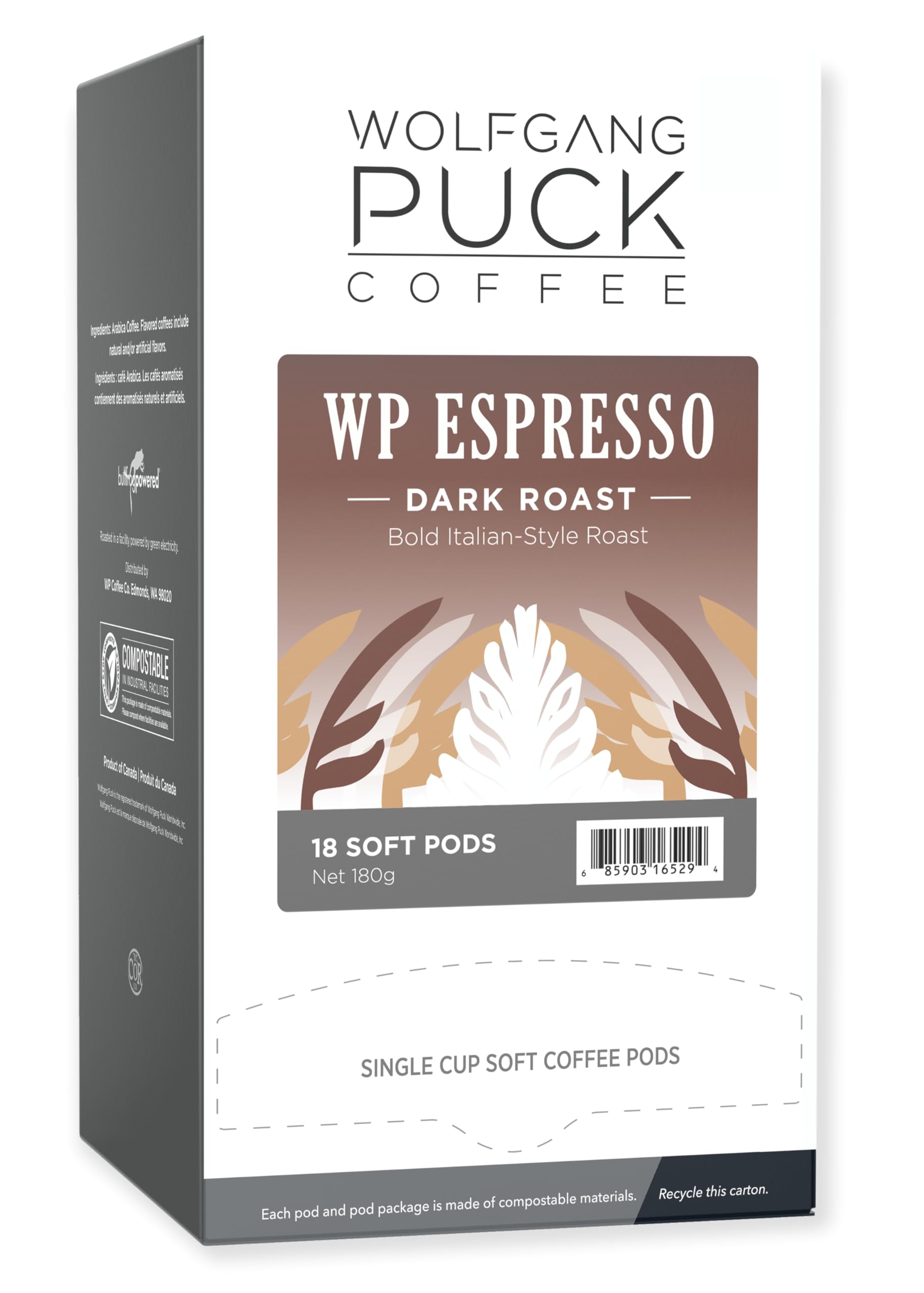 Wolfgang Puck front packaging showing 18-count and espresso roast benefit