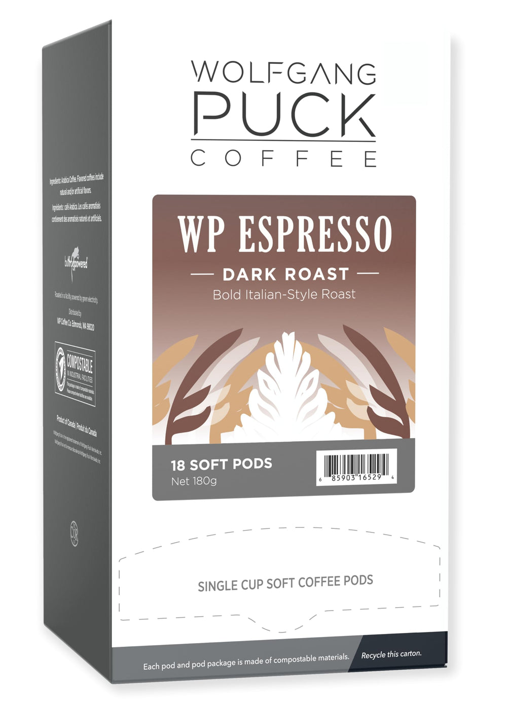 Wolfgang Puck front packaging showing 18-count and espresso roast benefit