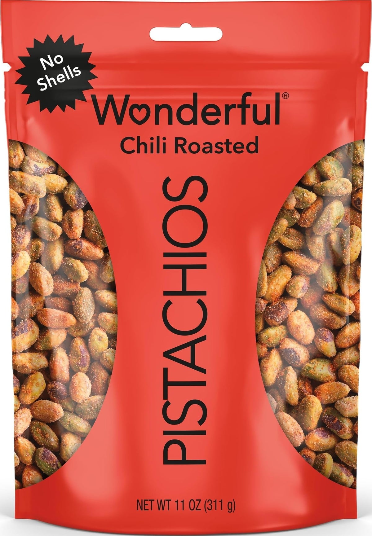 Wonderful Pistachios front packaging showing chili roasted no shells and resealable bag benefit