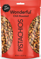 Wonderful Pistachios front packaging showing chili roasted no shells and resealable bag benefit