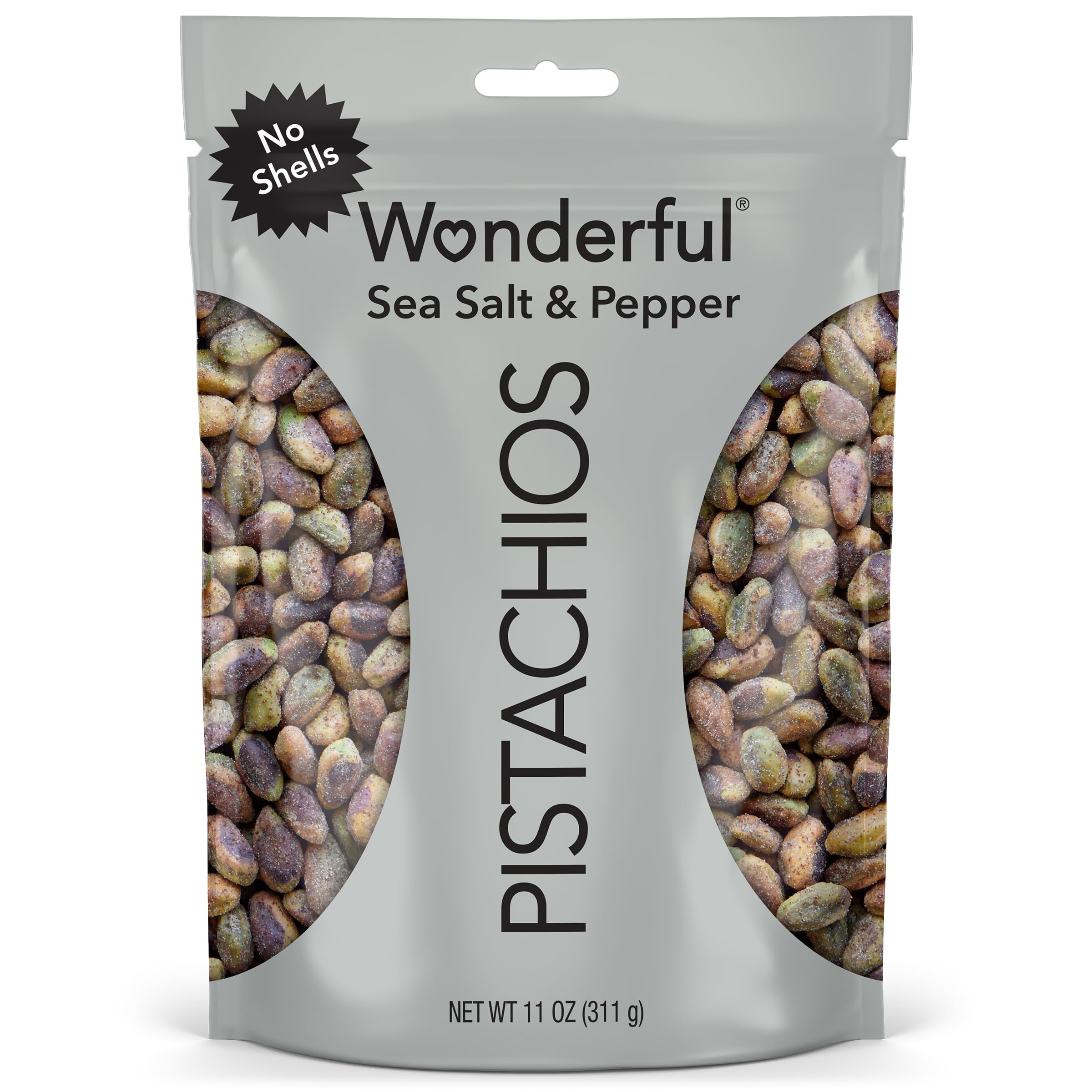 Wonderful Pistachios front packaging showing resealable 11 oz bag and flavor