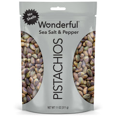 Wonderful Pistachios front packaging showing resealable 11 oz bag and flavor