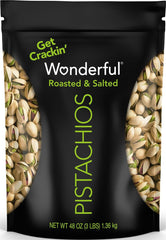 Wonderful Pistachios front packaging showing 48 ounce bag and branding for easy identification and shelf appeal