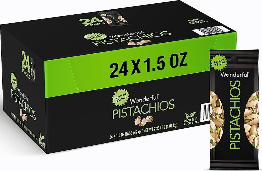 Wonderful Pistachios front packaging showing box of 24 for easy storage