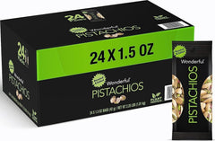 Wonderful Pistachios front packaging showing box of 24 for easy storage