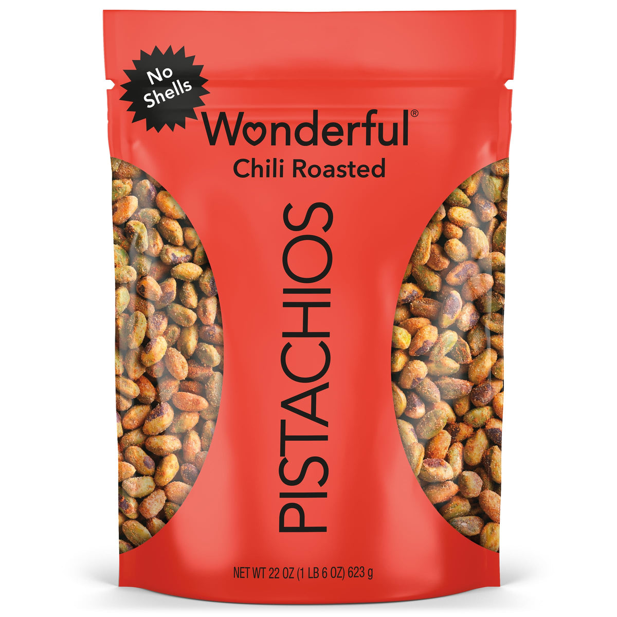 Wonderful Pistachios front packaging 22 oz bag showing resealable convenience and bold chili flavor