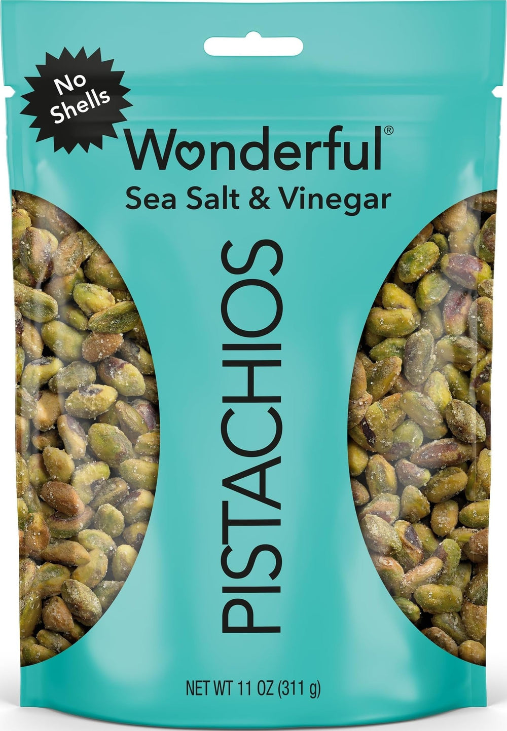 Wonderful Pistachios front packaging showing resealable 11 oz bag and sea salt vinegar flavor, convenient
