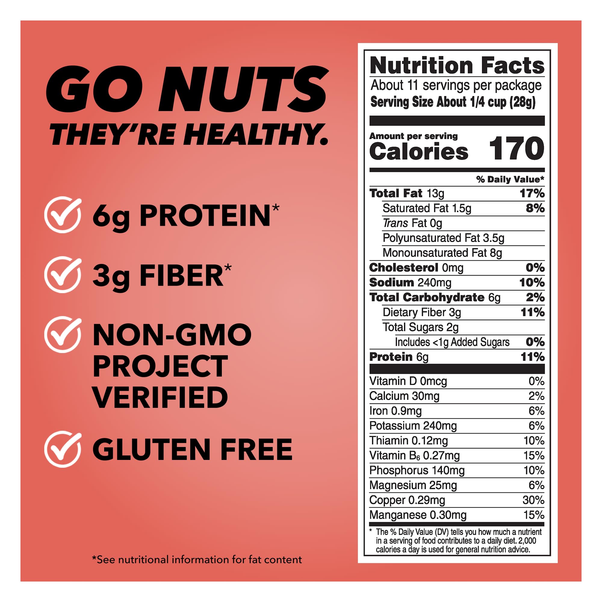 Product label close-up displaying Wonderful Pistachios nutrition facts and certifications