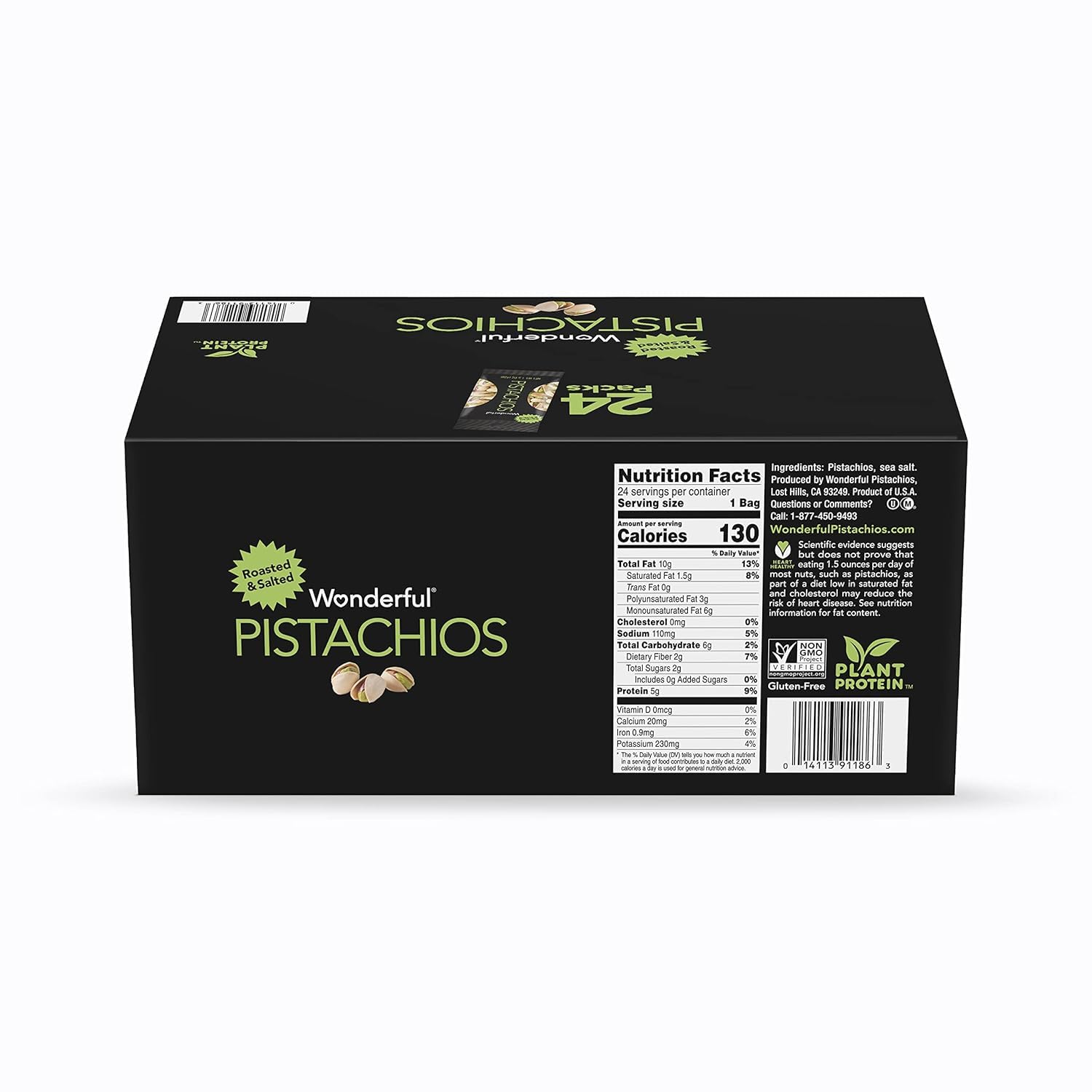 Wonderful Pistachios single pack next to credit card showing compact size and convenience