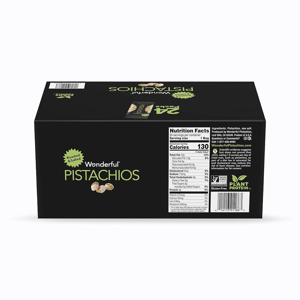 Wonderful Pistachios single pack next to credit card showing compact size and convenience