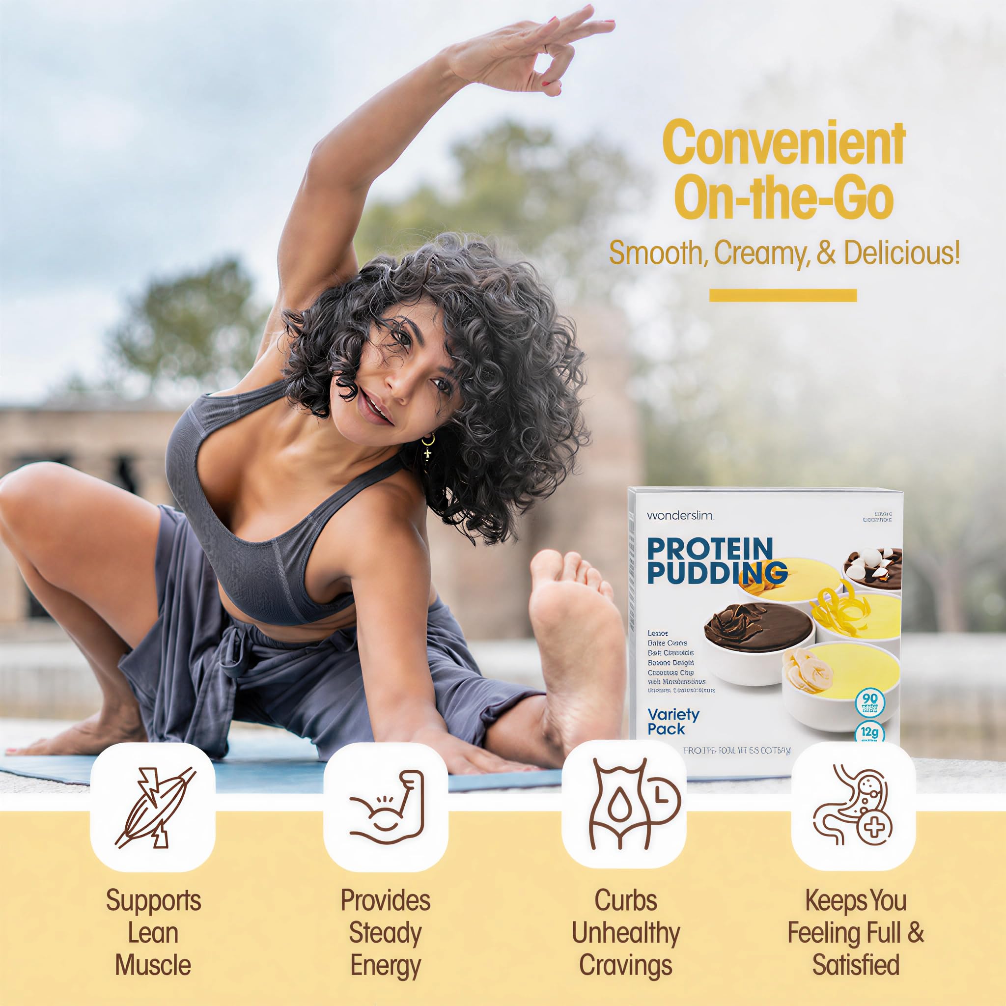 WonderSlim Banana Delight pudding on a spoon demonstrating smooth consistency and portable snack appeal