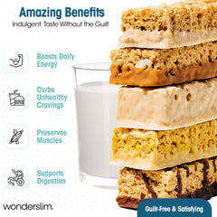 Wonderslim unwrapped bar close-up highlighting texture and satisfying protein content