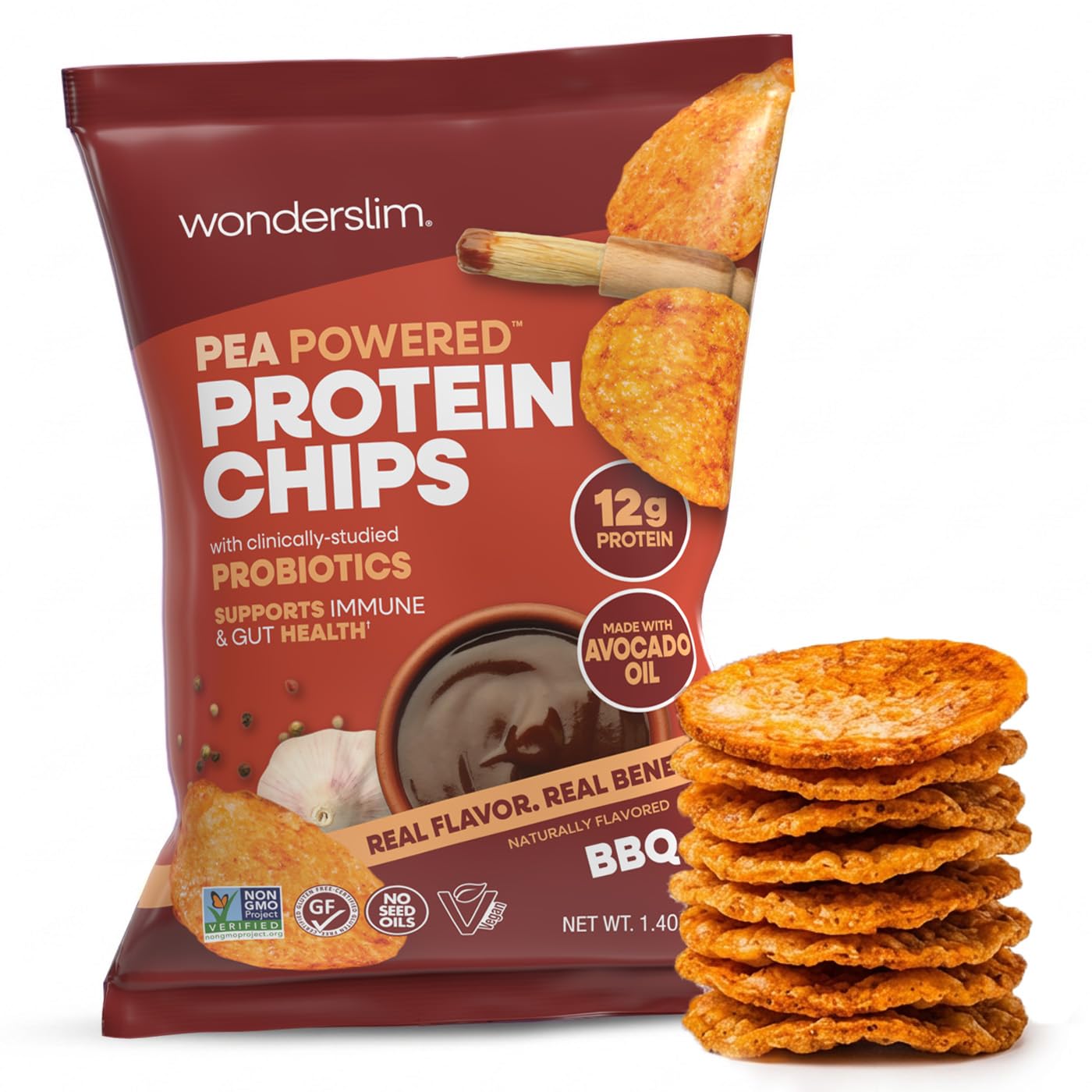 WonderSlim front packaging showing BBQ pea protein crisps and benefits