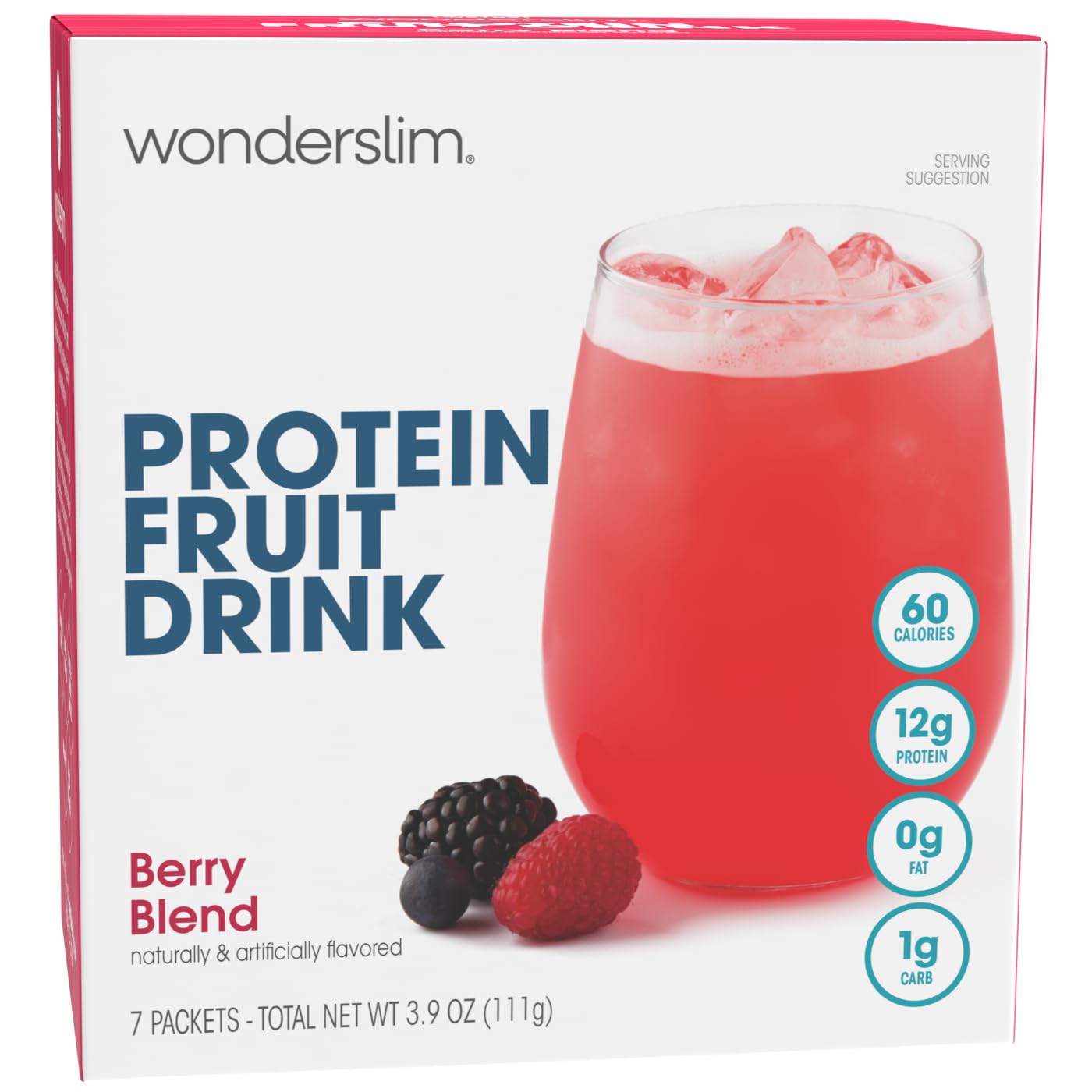 WonderSlim front packaging showing berry blend and 7 packets for quick protein