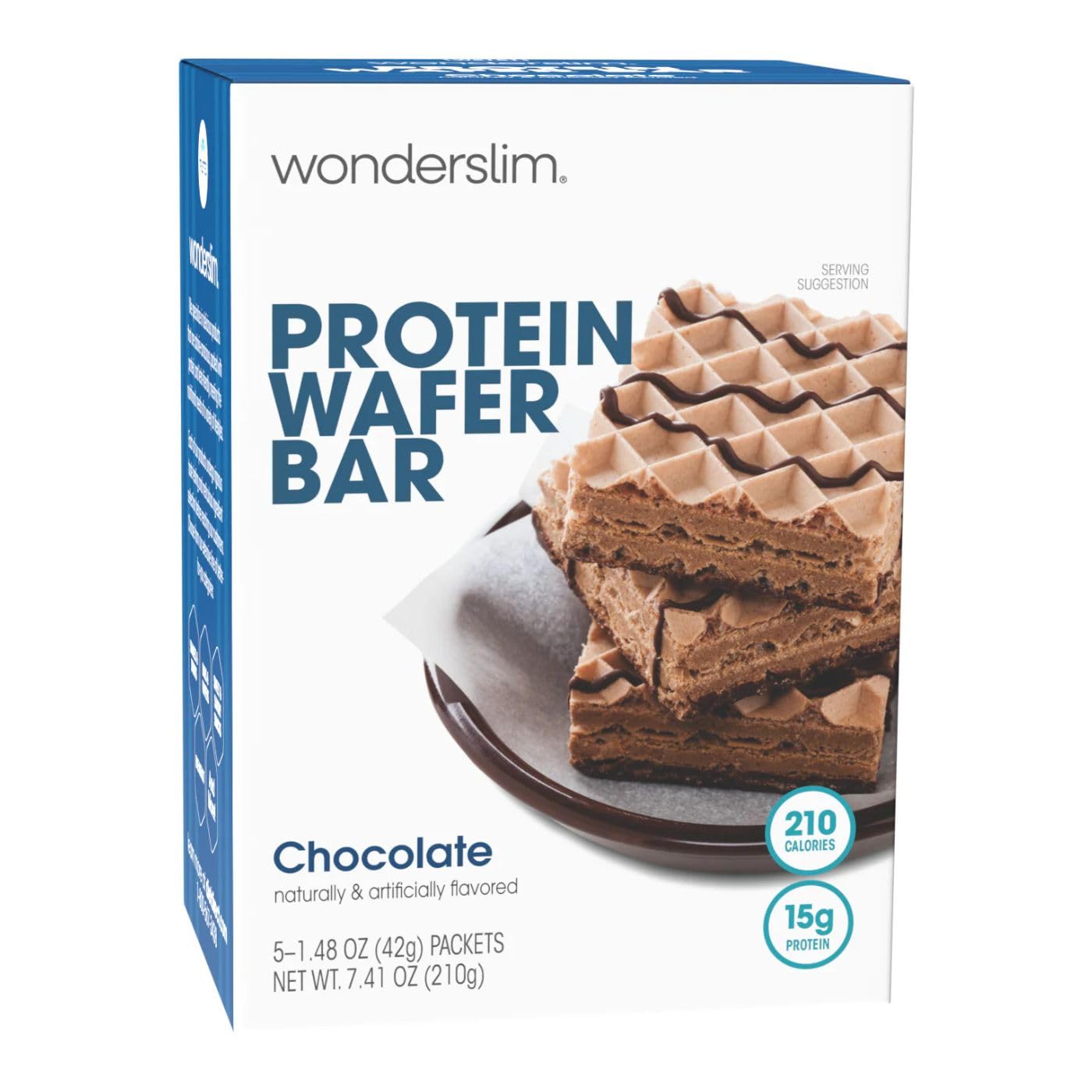 WonderSlim front packaging showing chocolate wafer bars and protein highlights