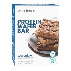 WonderSlim front packaging showing chocolate wafer bars and protein highlights