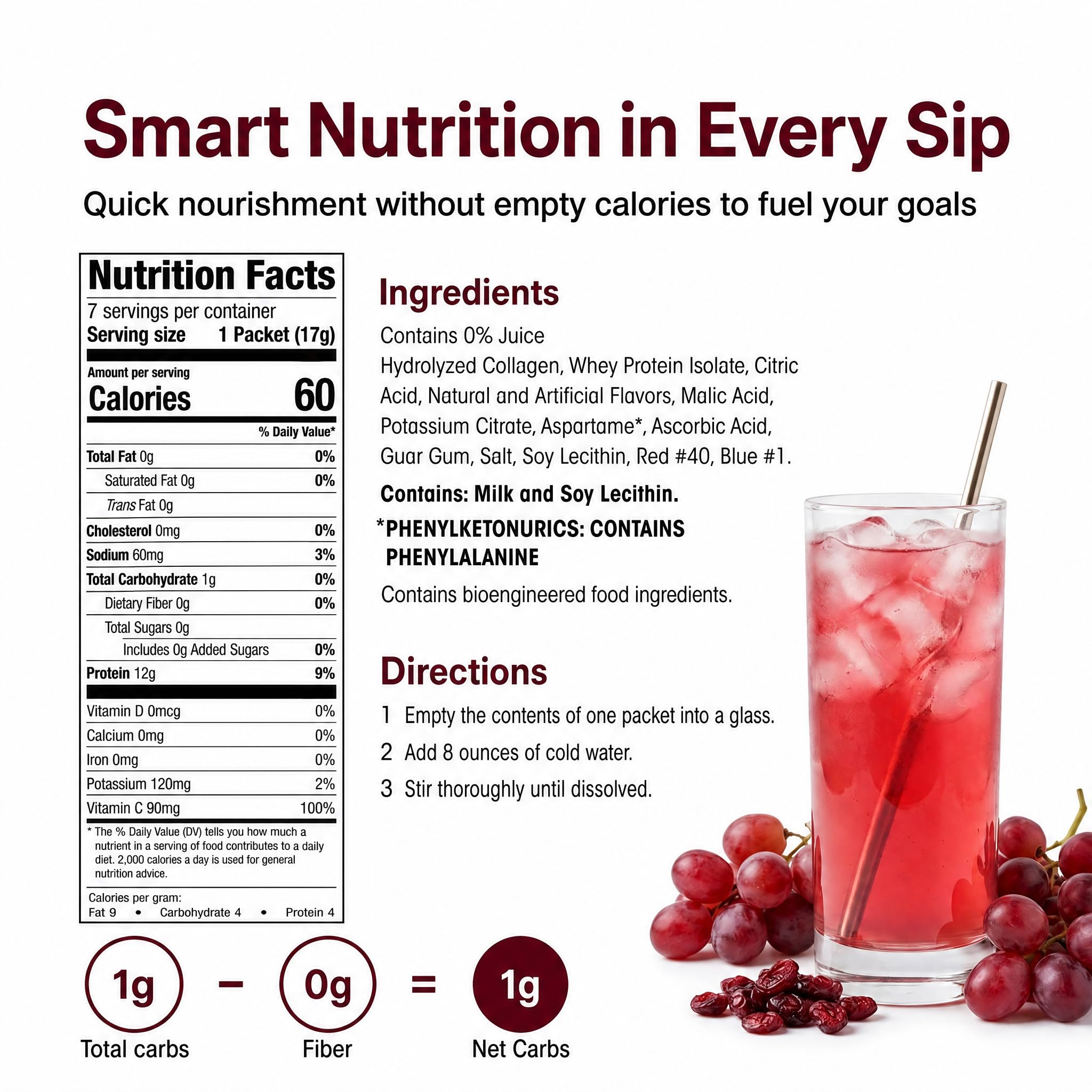 Nutrition label on Wonderslim packet illustrating protein and vitamin C content