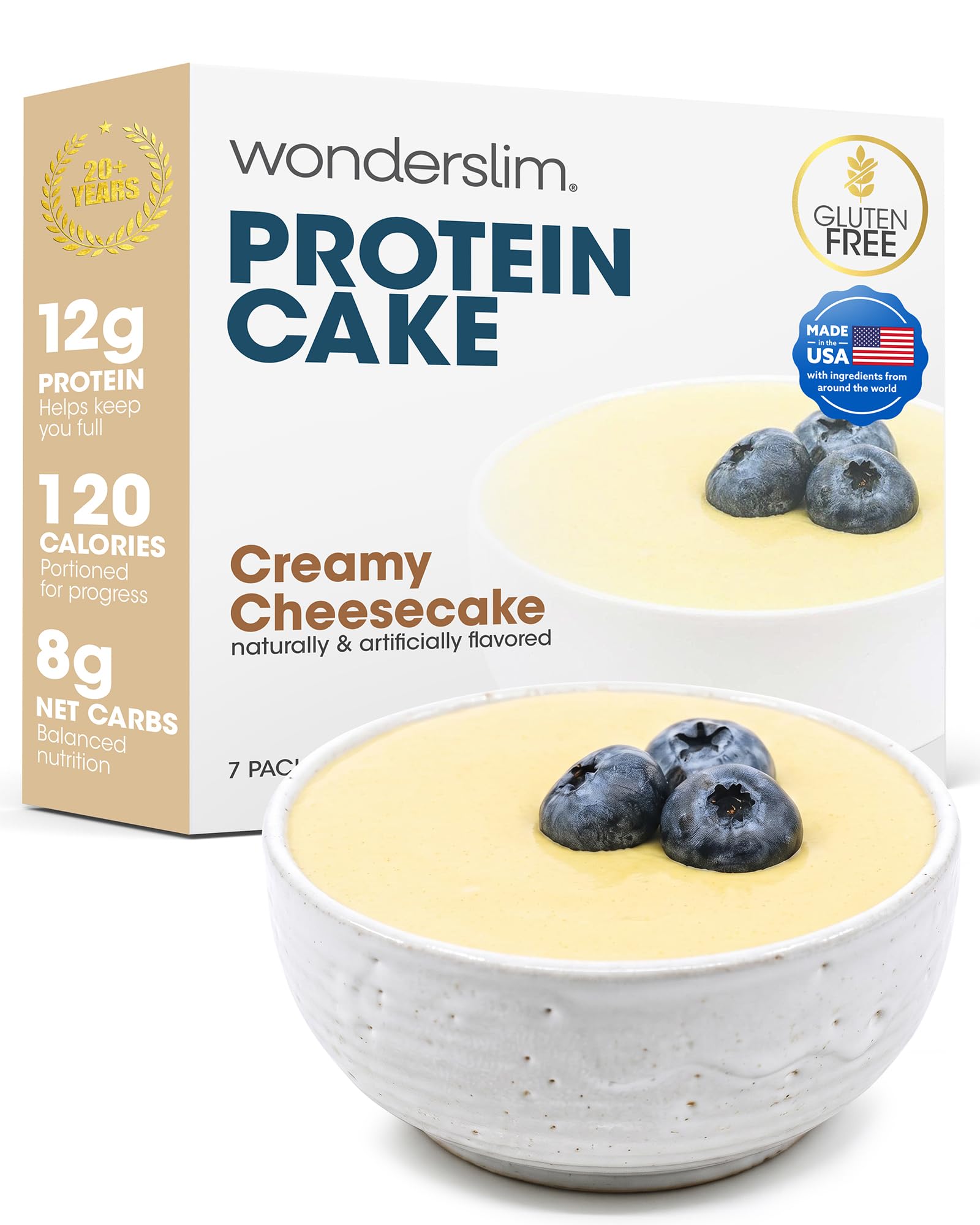 WonderSlim front packaging showing seven creamy cheesecake single-serve packets and product benefits