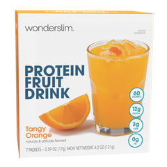 Wonderslim front box tangy orange showing packaging and seven packets for convenient protein
