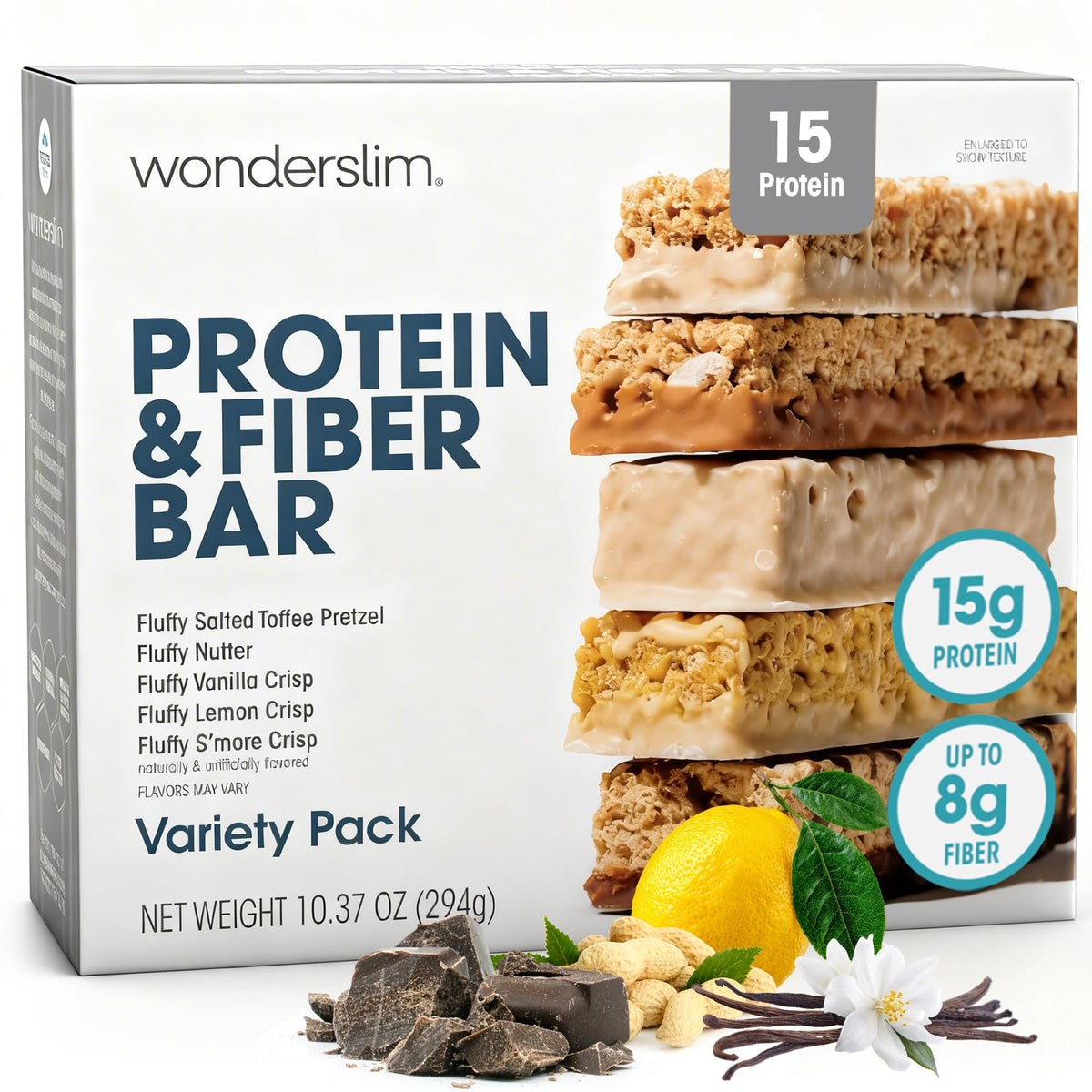 Wonderslim front packaging of 7-count variety pack showing convenience and low calories