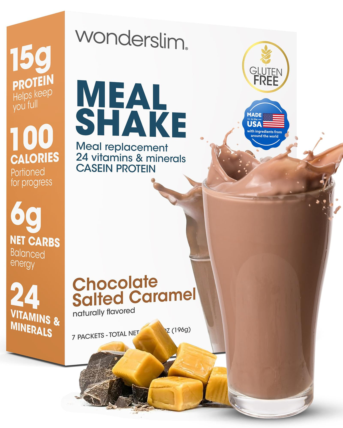 WonderSlim front packaging showing chocolate salted caramel and benefits