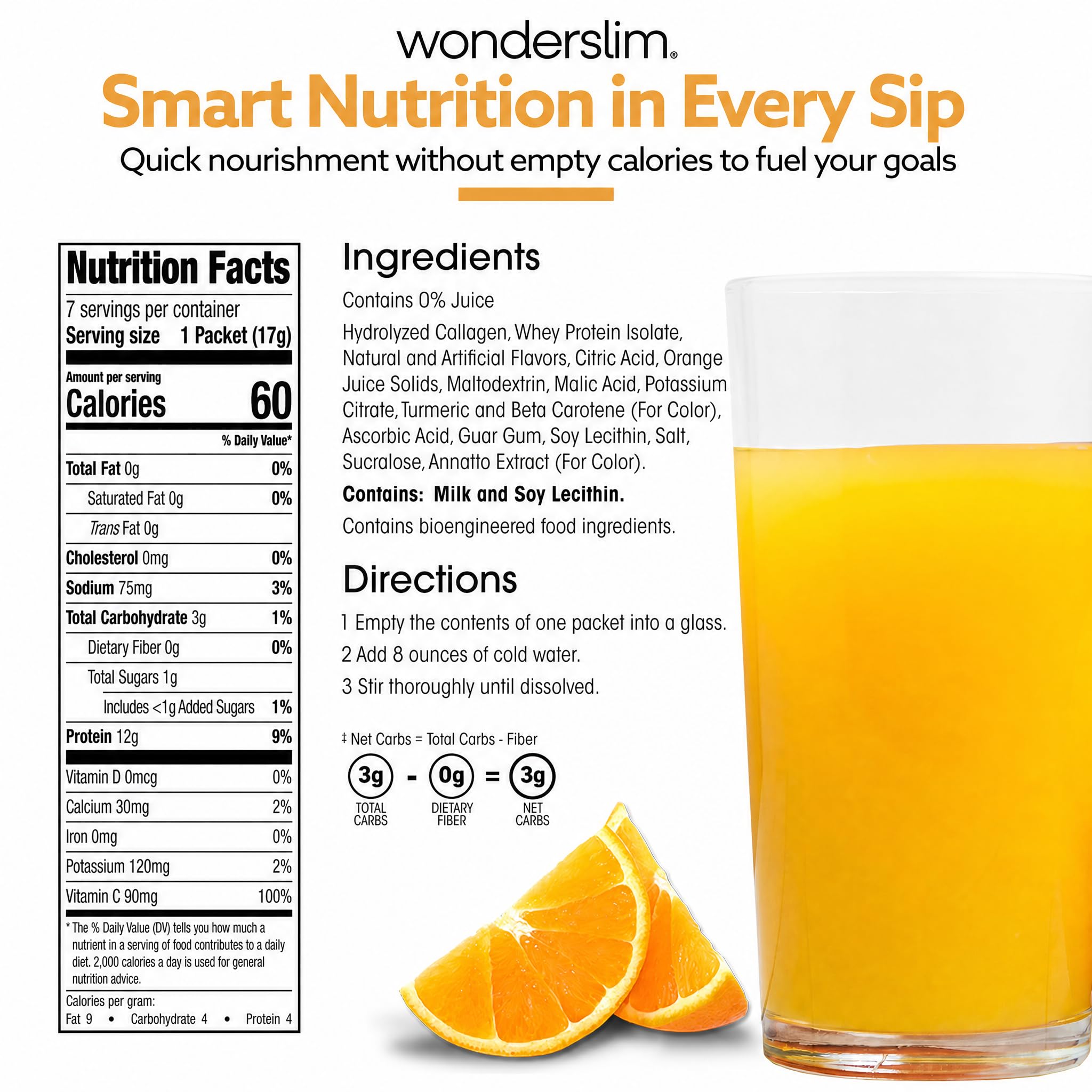 Wonderslim label nutrition panel showing protein, calories, and ingredient transparency