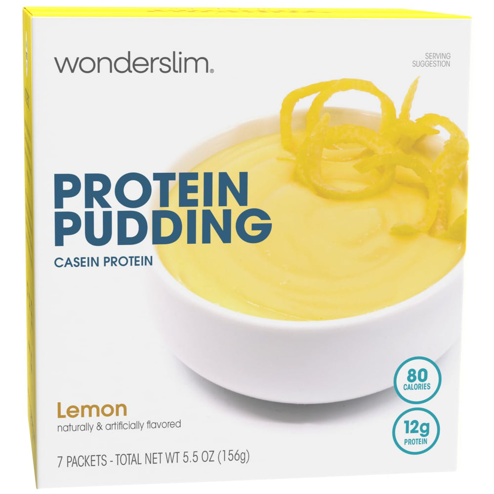 WonderSlim front packaging showing lemon pudding mix and clear serving benefits
