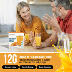Wonderslim mixed drink in bottle with citrus color showing quick hydration and protein boost