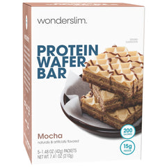 Wonderslim front packaging showing mocha wafer bars and serving information for convenience