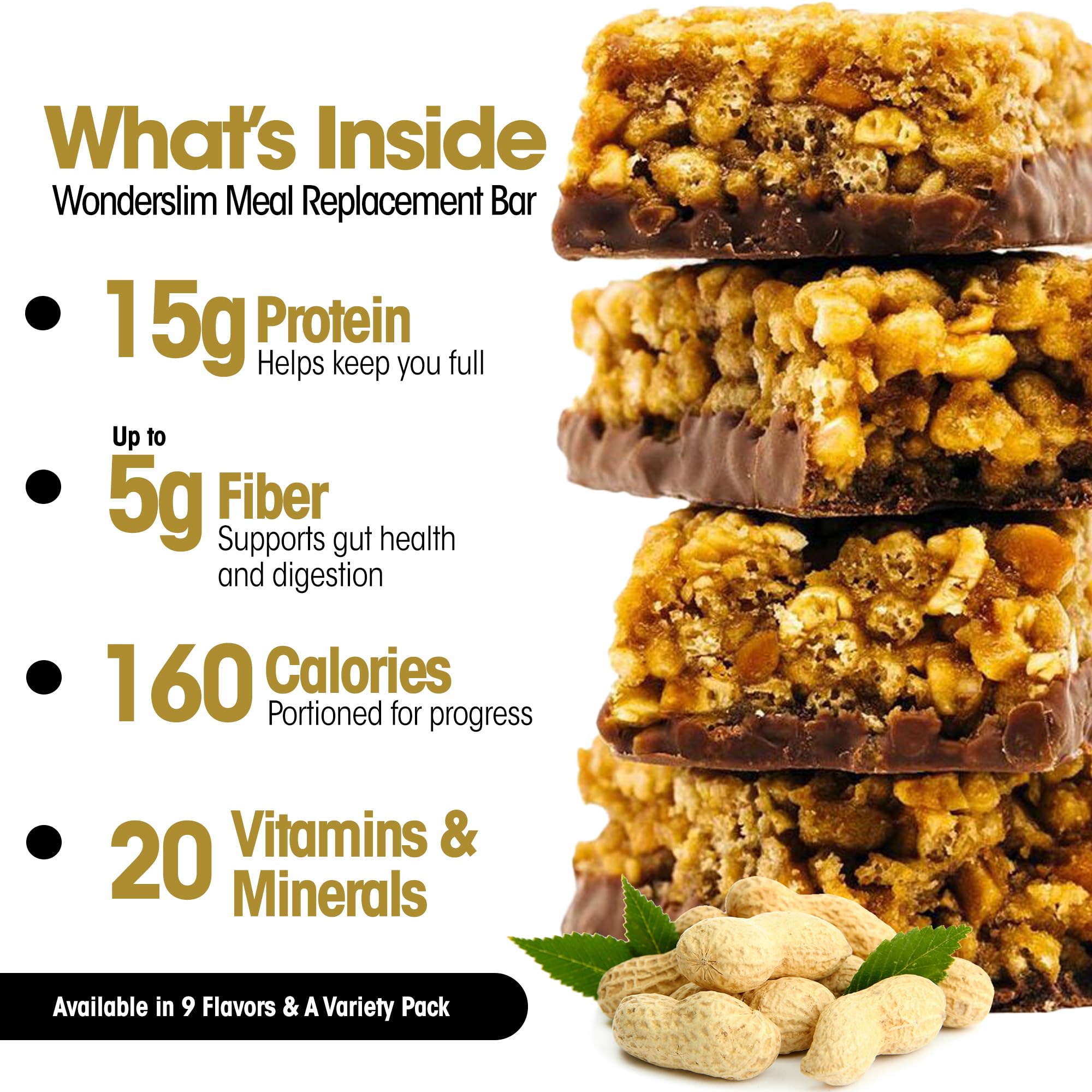 WonderSlim peanut nutrition label view showing 15g protein and 20 vitamins and minerals