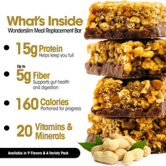 WonderSlim peanut nutrition label view showing 15g protein and 20 vitamins and minerals