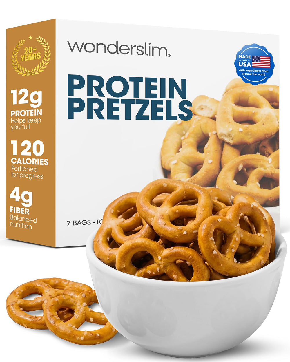 WonderSlim front packaging showing single-serve pretzel bags and clear labeling benefits