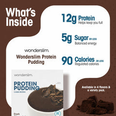 WonderSlim prepared dark chocolate pudding in a glass, creamy texture and protein boost
