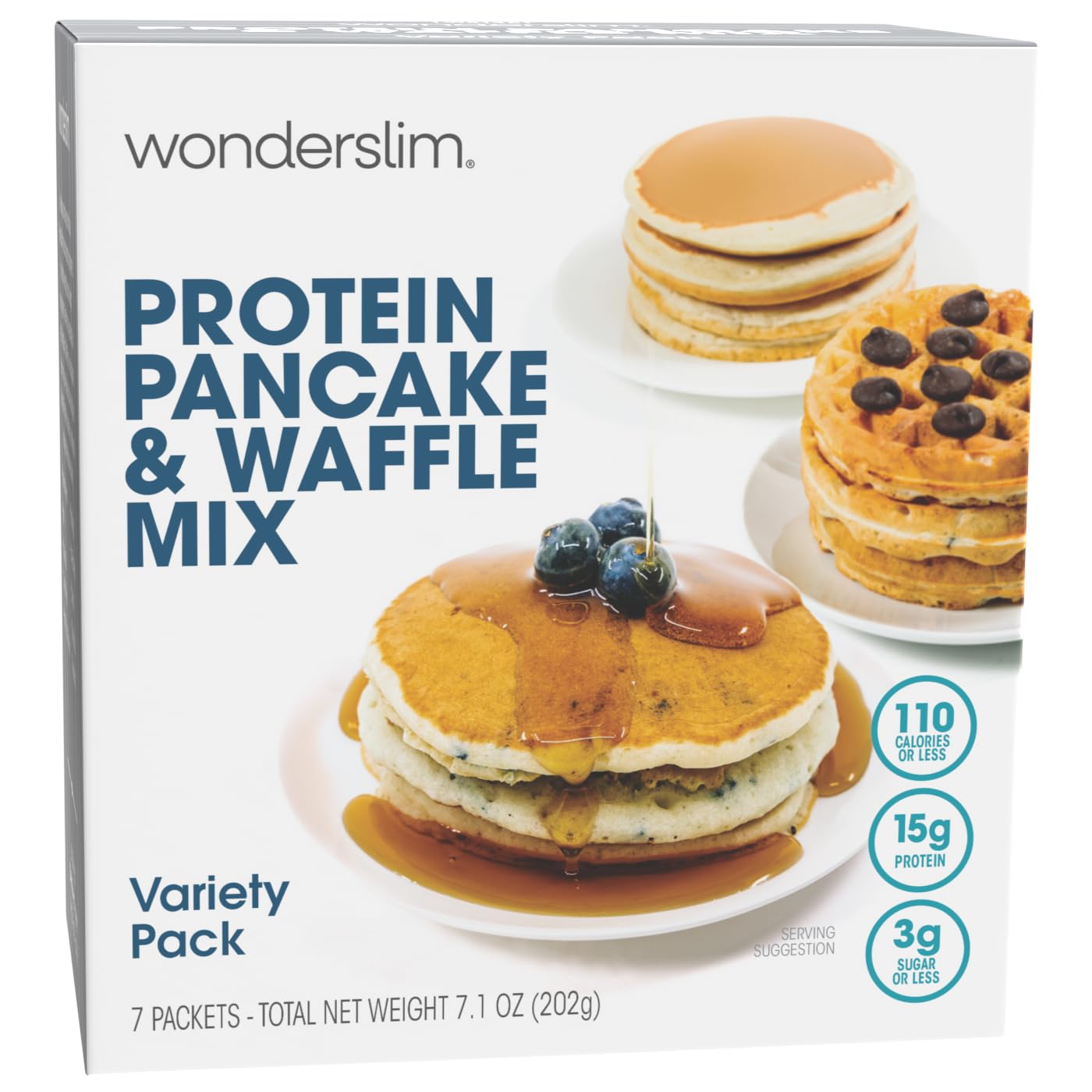 WonderSlim variety pack front view showing seven single-serve packets and convenience