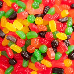 Wonka gummy close-up texture and shapes highlighting fruity chew and vibrant color
